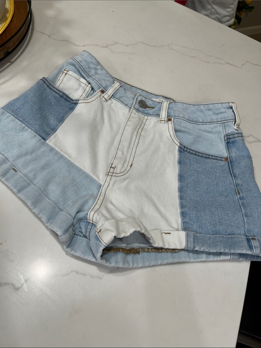 PacSun Patchwork Denim Shorts in White & Light Blue